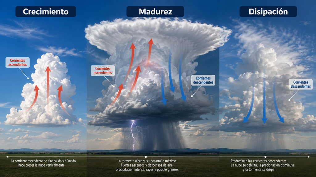 Ciclo de vida de una tormenta con sus fases de formación, desarrollo y disipación
