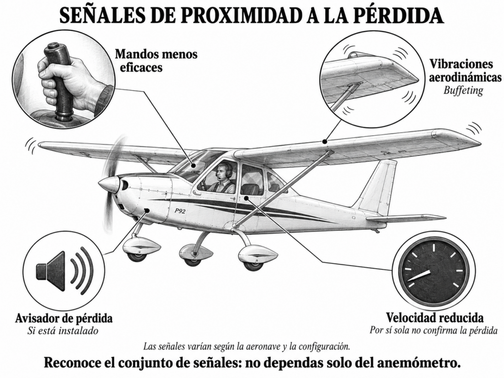 Ultraligero rodeado de cuatro señales de proximidad a la pérdida: mandos menos eficaces, vibraciones, aviso sonoro y velocidad reducida.
