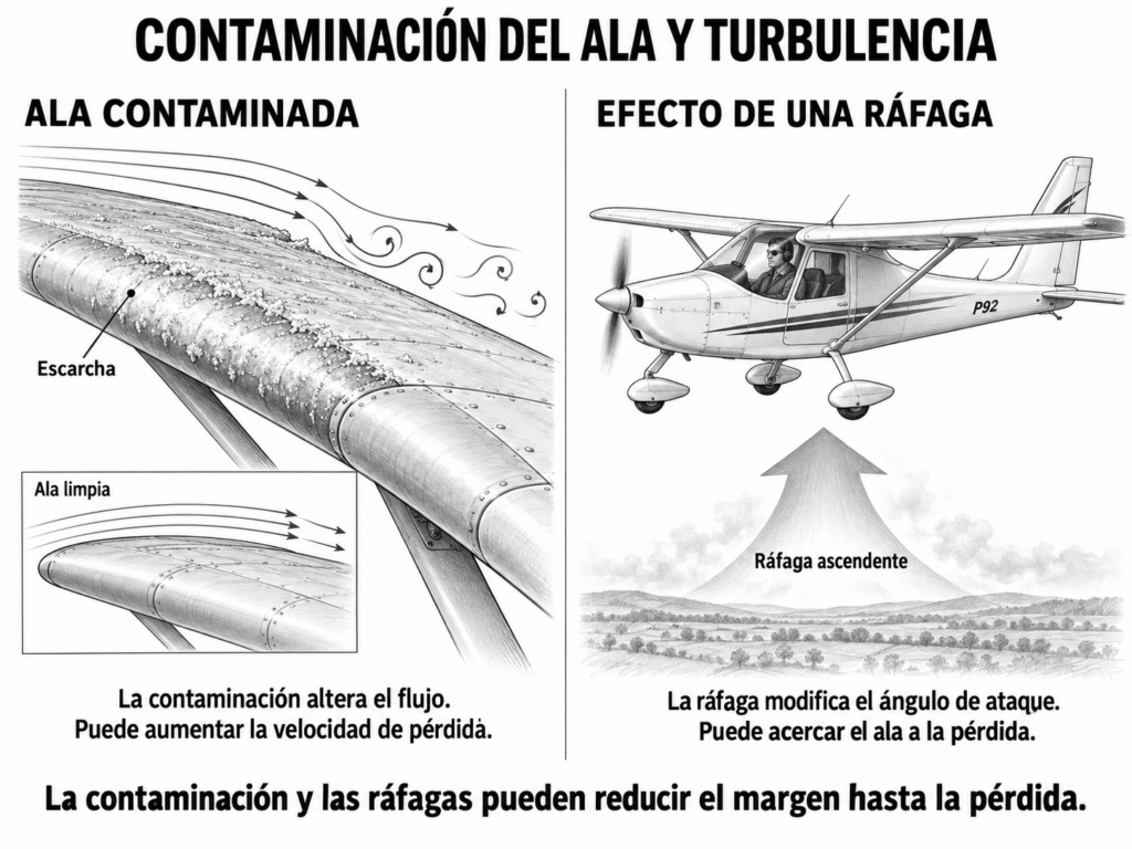 Ala con escarcha comparada con un ala limpia y ultraligero expuesto a una ráfaga ascendente.