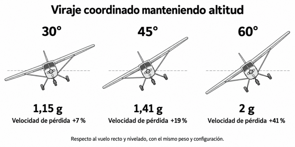 Comparación de virajes coordinados a 30°, 45° y 60° manteniendo altitud: la velocidad de pérdida aumenta un 7 %, 19 % y 41 %, respectivamente.